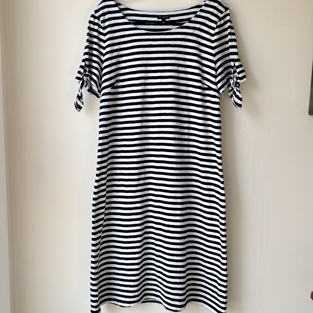 Talbots Knit Short Sleeve Dress Cover Up L White Black Stripe Nautical Beach